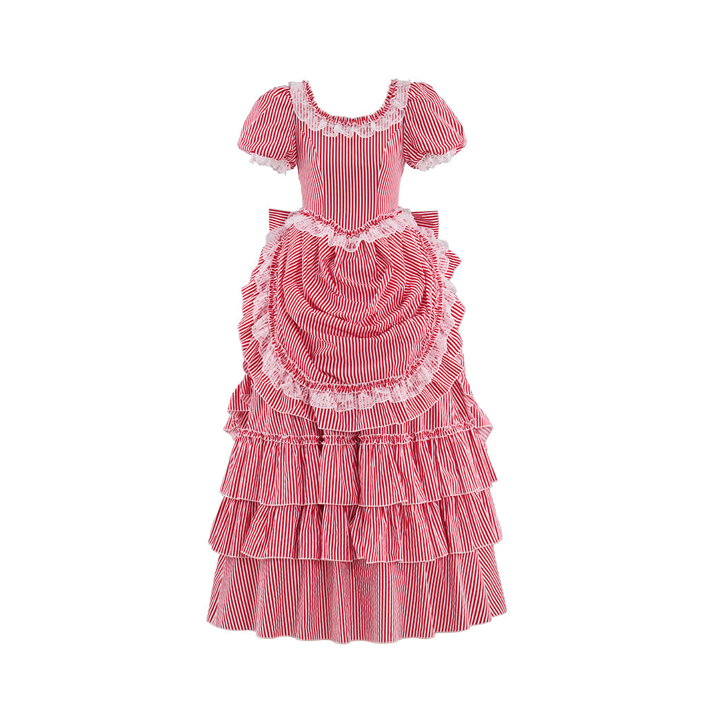 Renaissance Blush Pink Puff Sleeved Tiered Ruffled Satin Gown for Historical Reenactments Theatrical Performances  Halloween Celebrations