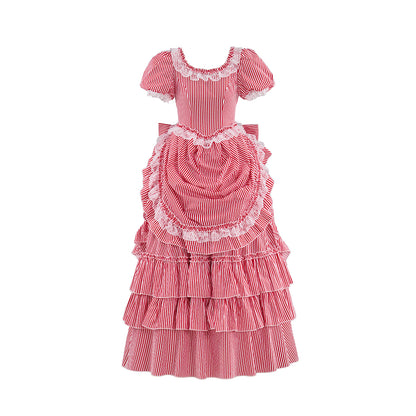 Renaissance Blush Pink Puff Sleeved Tiered Ruffled Satin Gown for Historical Reenactments Theatrical Performances  Halloween Celebrations