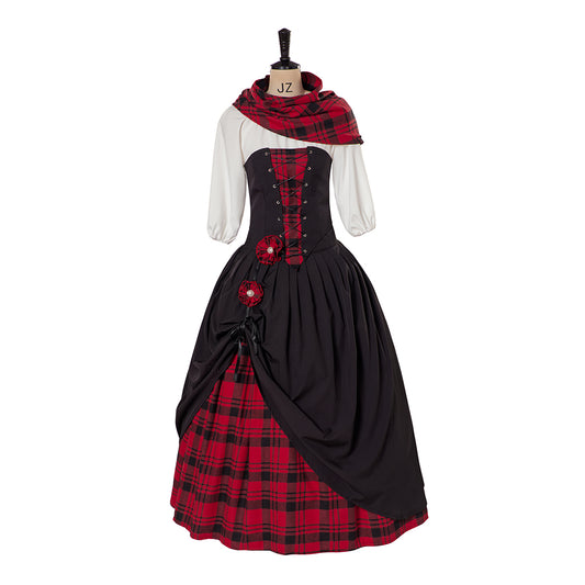 Victorian Style Black Gown with Red Accents and Plaid Skirt Including Matching Scarf for Historical Reenactments Halloween Christmas