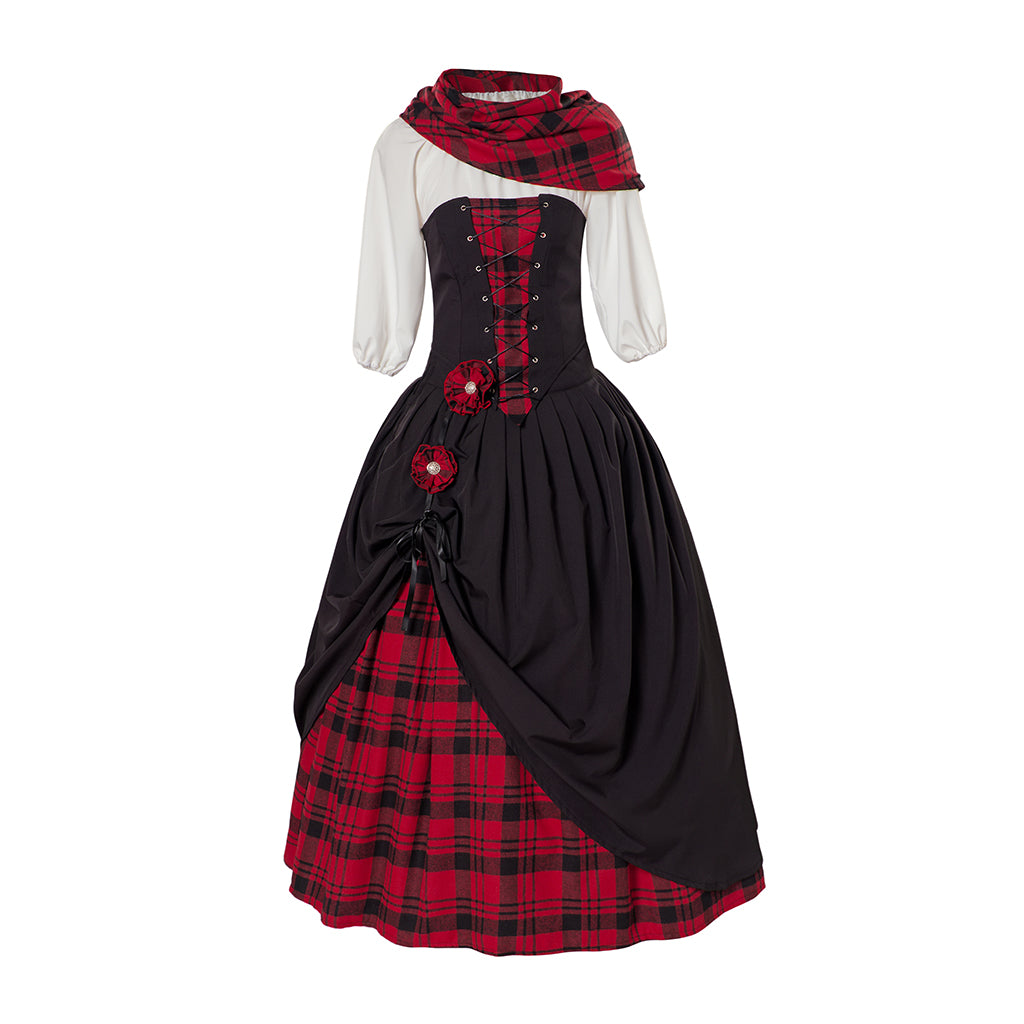 Victorian Style Black Gown with Red Accents and Plaid Skirt Including Matching Scarf for Historical Reenactments Halloween Christmas