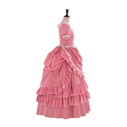 Renaissance Blush Pink Puff Sleeved Tiered Ruffled Satin Gown for Historical Reenactments Theatrical Performances  Halloween Celebrations