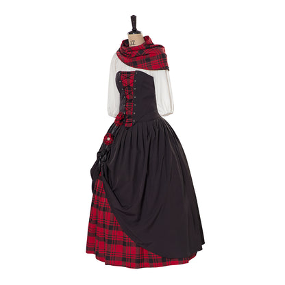 Victorian Style Black Gown with Red Accents and Plaid Skirt Including Matching Scarf for Historical Reenactments Halloween Christmas