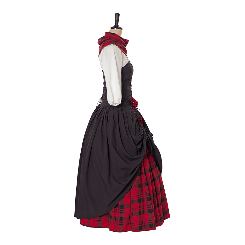 Victorian Style Black Gown with Red Accents and Plaid Skirt Including Matching Scarf for Historical Reenactments Halloween Christmas