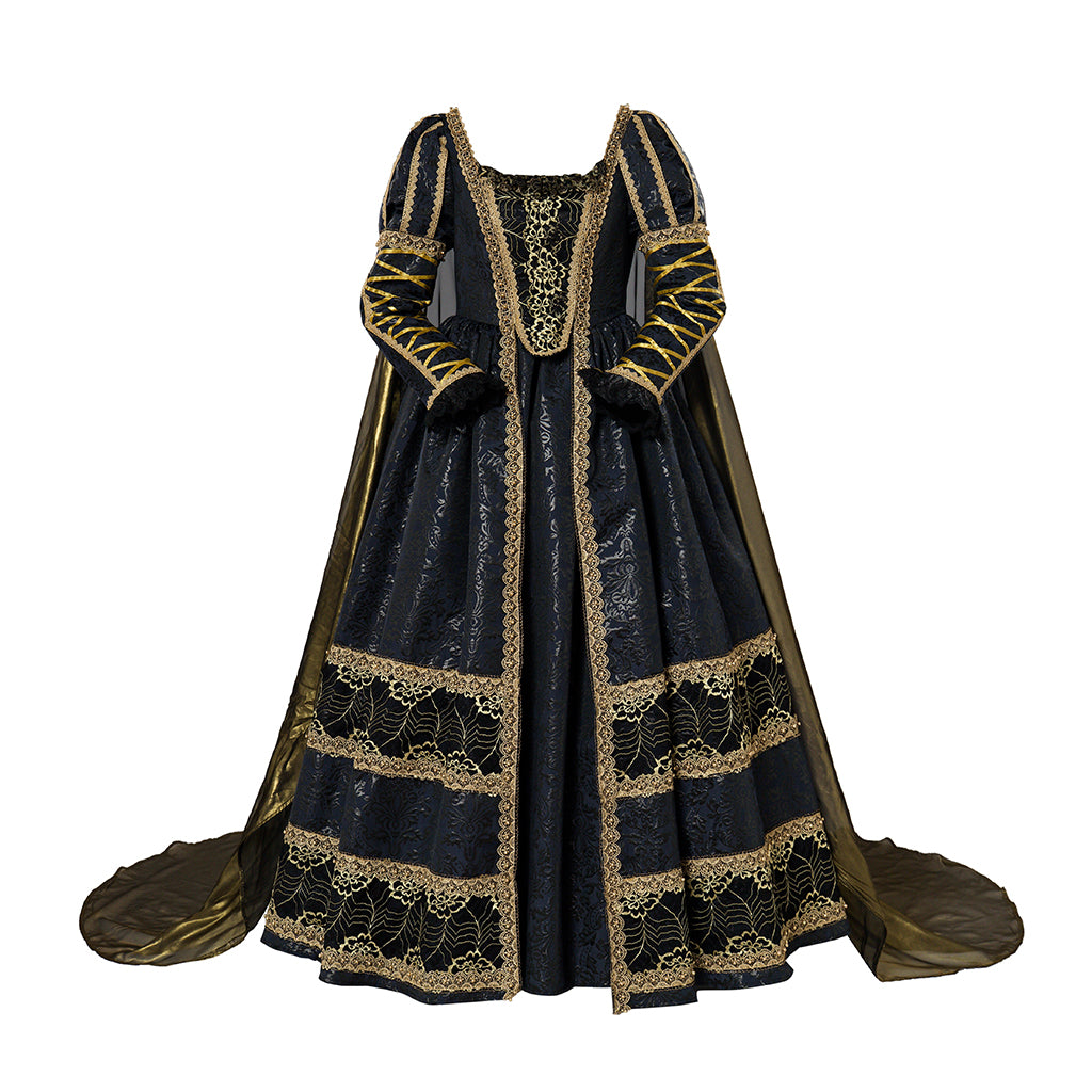 Baroque Style Black Gown with Intricate Gold Embroidery for Historical Reenactments Royal Court Themed Gatherings Halloween Christmas
