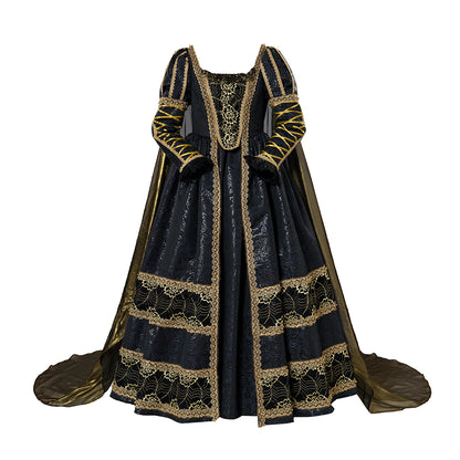 Baroque Style Black Gown with Intricate Gold Embroidery for Historical Reenactments Royal Court Themed Gatherings Halloween Christmas