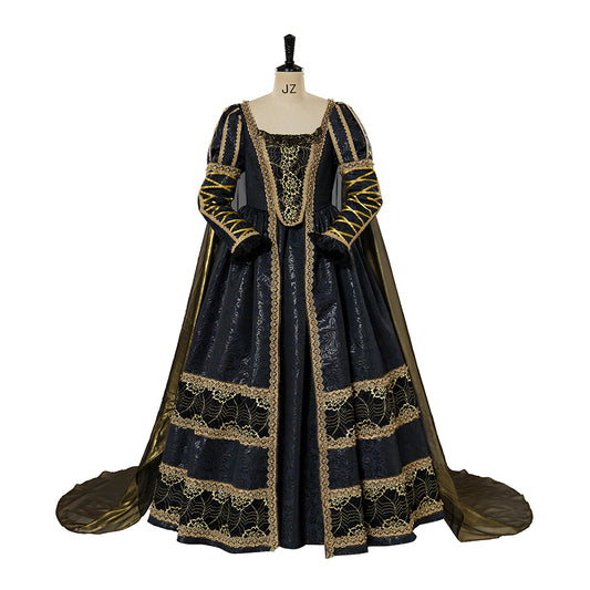 Baroque Style Black Gown with Intricate Gold Embroidery for Historical Reenactments Royal Court Themed Gatherings Halloween Christmas