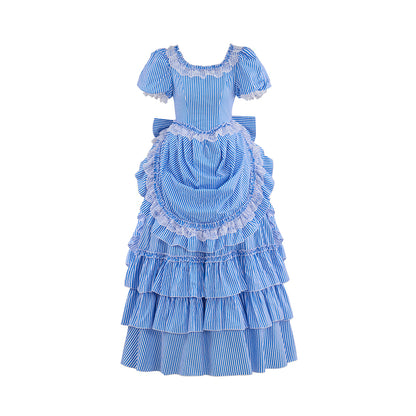 Renaissance Blush Pink Puff Sleeved Tiered Ruffled Satin Gown for Historical Reenactments Theatrical Performances  Halloween Celebrations