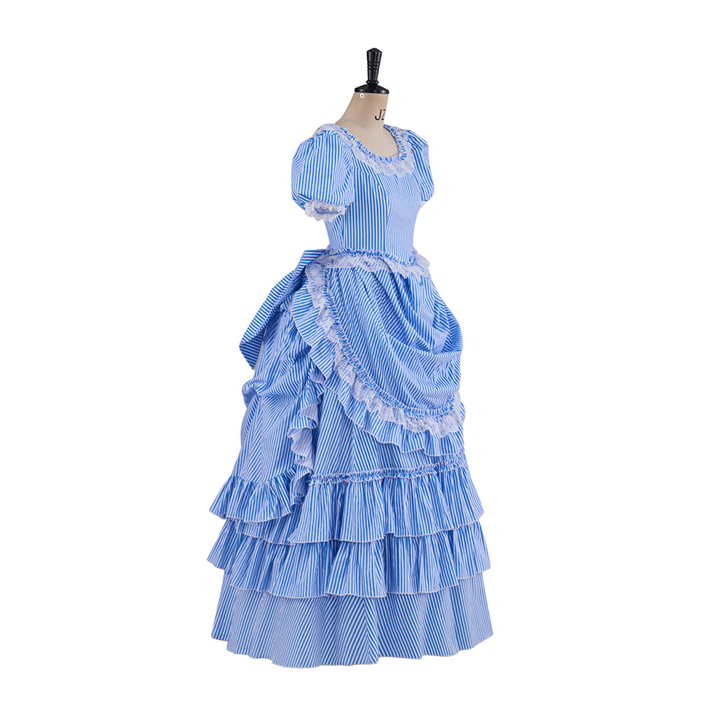 Renaissance Blush Pink Puff Sleeved Tiered Ruffled Satin Gown for Historical Reenactments Theatrical Performances  Halloween Celebrations