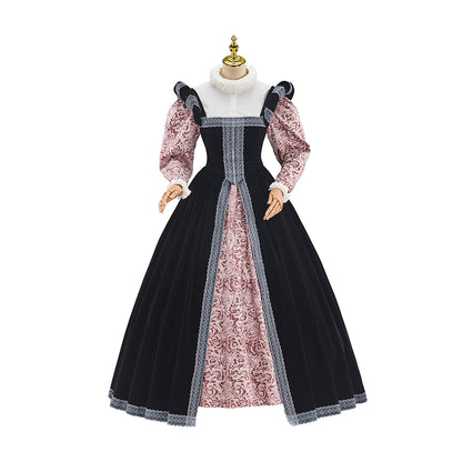 Victorian Black Robe with Pink Patterned Inner Dress for Historical Reenactments Medieval Themed Events Halloween and Christmas