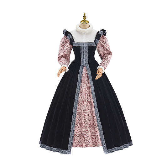 Victorian Black Robe with Pink Patterned Inner Dress for Historical Reenactments Medieval Themed Events Halloween and Christmas