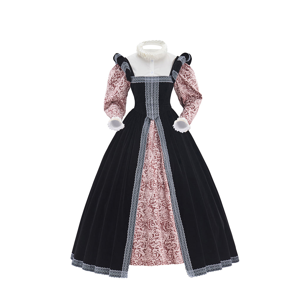 Victorian Black Robe with Pink Patterned Inner Dress for Historical Reenactments Medieval Themed Events Halloween and Christmas
