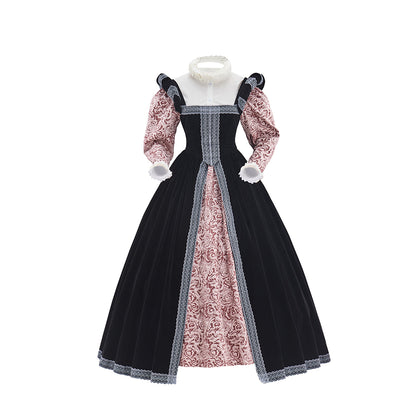 Victorian Black Robe with Pink Patterned Inner Dress for Historical Reenactments Medieval Themed Events Halloween and Christmas