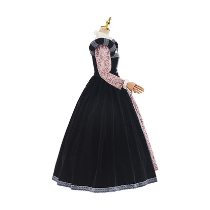 Victorian Black Robe with Pink Patterned Inner Dress for Historical Reenactments Medieval Themed Events Halloween and Christmas