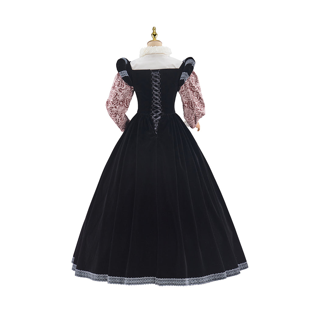 Victorian Black Robe with Pink Patterned Inner Dress for Historical Reenactments Medieval Themed Events Halloween and Christmas