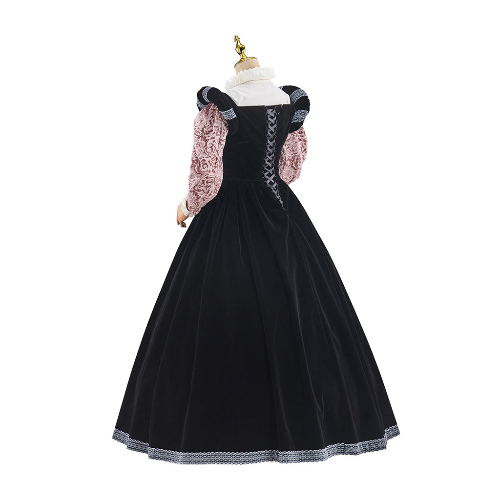 Victorian Black Robe with Pink Patterned Inner Dress for Historical Reenactments Medieval Themed Events Halloween and Christmas