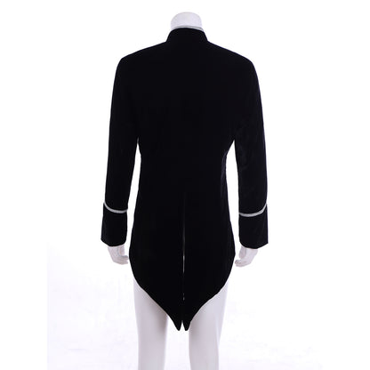 Medieval Military Officer Men's Black Coat with Silver Trim Ornate Silver Detailing and Buttons Costume for Historical Reenactments Cosplay Events or Halloween Christmas or Parties
