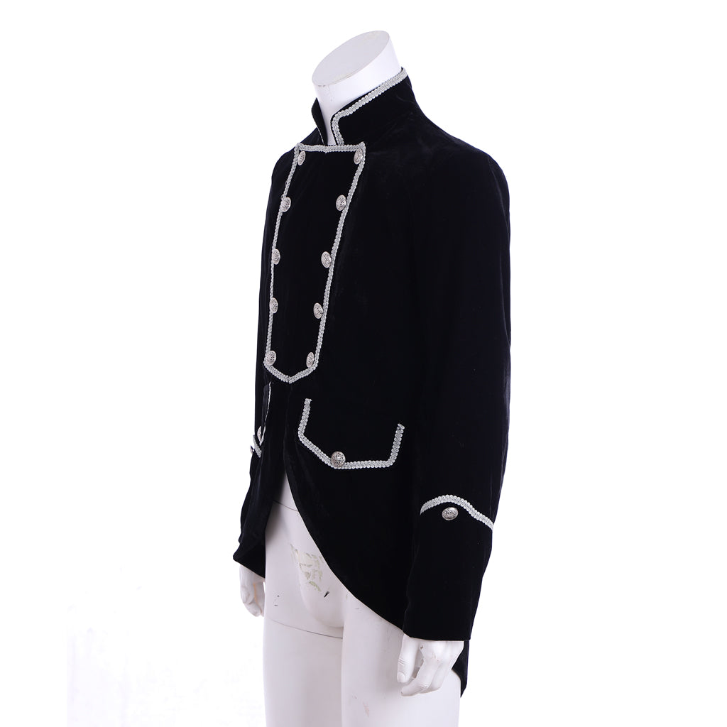 Medieval Military Officer Men's Black Coat with Silver Trim Ornate Silver Detailing and Buttons Costume for Historical Reenactments Cosplay Events or Halloween Christmas or Parties