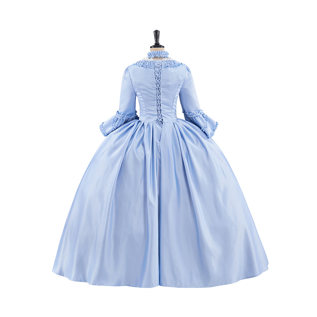 Rococo Style Light Blue Tulle Ball Gown with Layered Skirt and Puff Sleeves for Historical Reenactments Theatrical Performances Halloween Christmas