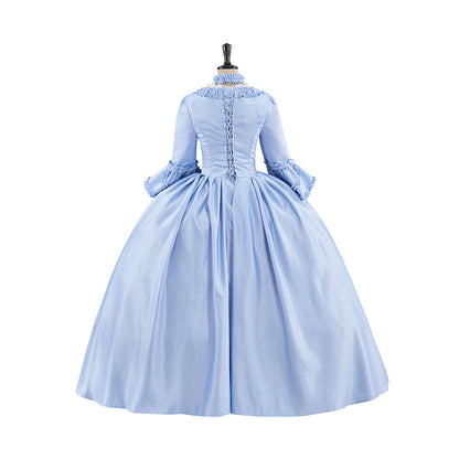 Rococo Style Light Blue Tulle Ball Gown with Layered Skirt and Puff Sleeves for Historical Reenactments Theatrical Performances Halloween Christmas