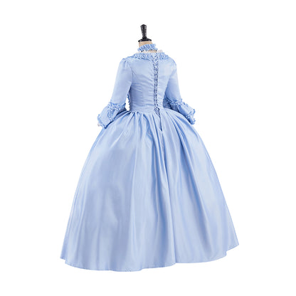 Rococo Style Light Blue Tulle Ball Gown with Layered Skirt and Puff Sleeves for Historical Reenactments Theatrical Performances Halloween Christmas