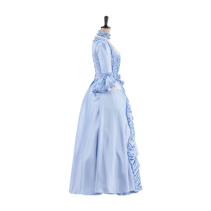 Rococo Style Light Blue Tulle Ball Gown with Layered Skirt and Puff Sleeves for Historical Reenactments Theatrical Performances Halloween Christmas