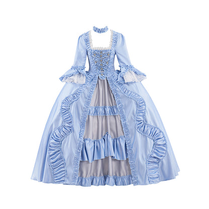 Rococo Style Light Blue Tulle Ball Gown with Layered Skirt and Puff Sleeves for Historical Reenactments Theatrical Performances Halloween Christmas