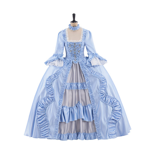 Rococo Style Light Blue Tulle Ball Gown with Layered Skirt and Puff Sleeves for Historical Reenactments Theatrical Performances Halloween Christmas