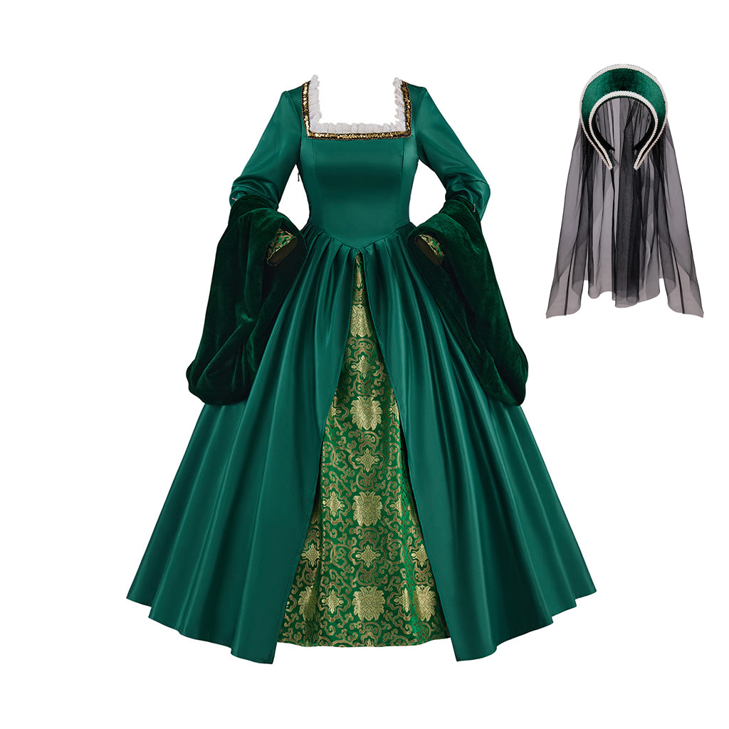 Medieval Style Emerald Green Satin Gown with Gold Embroidered Skirt Square Neckline for Historical Reenactments Halloween Christmas