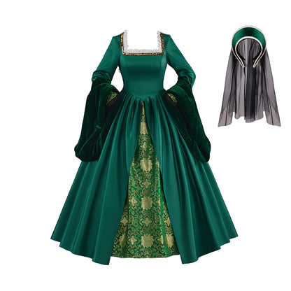 Medieval Style Emerald Green Satin Gown with Gold Embroidered Skirt Square Neckline for Historical Reenactments Halloween Christmas