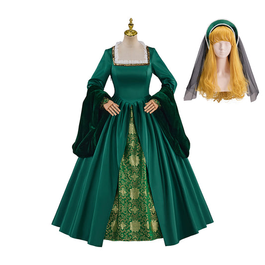 Medieval Style Emerald Green Satin Gown with Gold Embroidered Skirt Square Neckline for Historical Reenactments Halloween Christmas