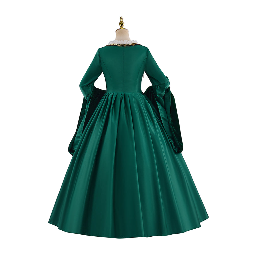 Medieval Style Emerald Green Satin Gown with Gold Embroidered Skirt Square Neckline for Historical Reenactments Halloween Christmas