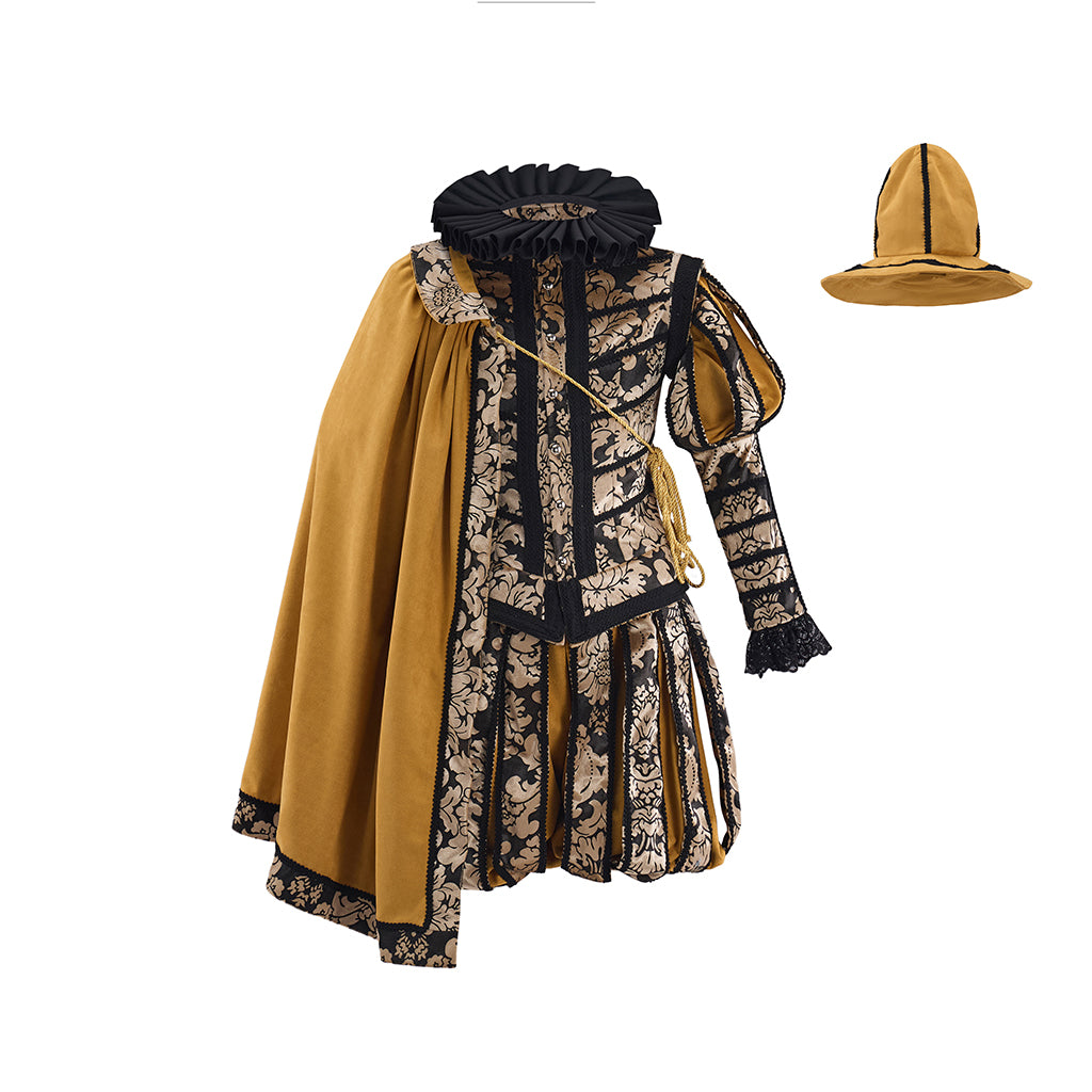 Medieval Patterned coat with Shorts Yellow Cape and Matching Hat for Historical Reenactments  Halloween and Christmas Celebrations