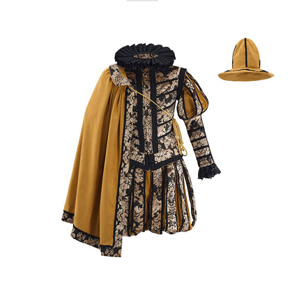 Medieval Patterned coat with Shorts Yellow Cape and Matching Hat for Historical Reenactments  Halloween and Christmas Celebrations
