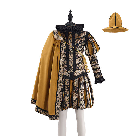Medieval Patterned coat with Shorts Yellow Cape and Matching Hat for Historical Reenactments  Halloween and Christmas Celebrations
