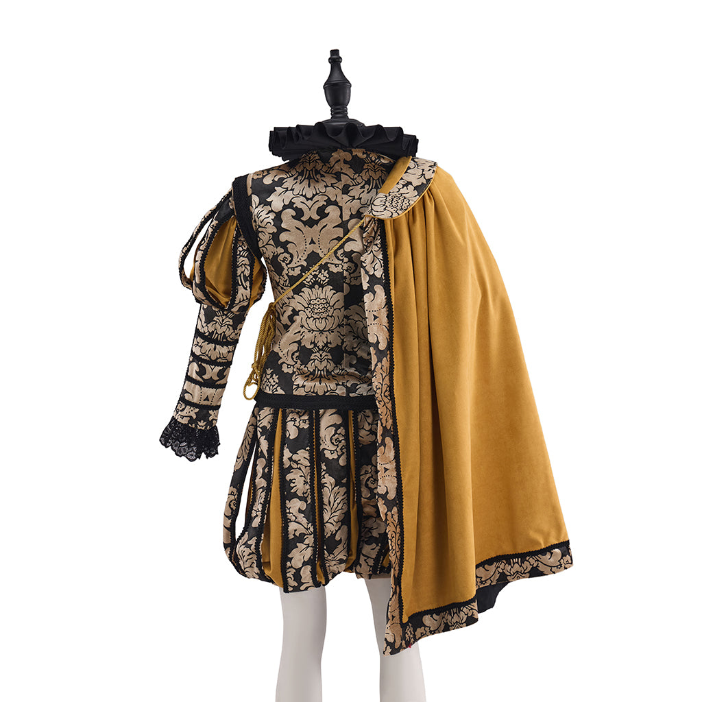 Medieval Patterned coat with Shorts Yellow Cape and Matching Hat for Historical Reenactments  Halloween and Christmas Celebrations