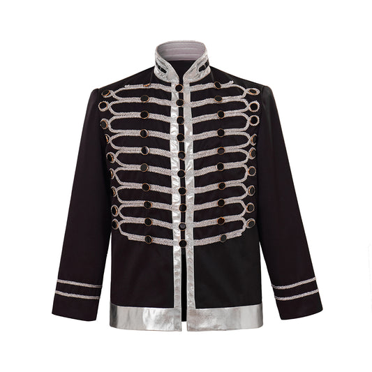 Medieval Military Style Black Jacket with Silver Embroidered Trim for Historical Reenactments Cosplay Events Halloween Christmas