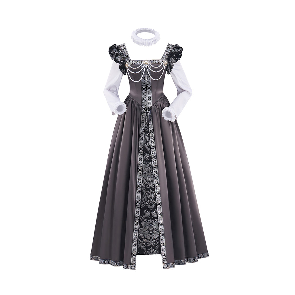 Medieval Court Style Grey Satin Gown with White Contrast Trim for Historical Reenactments Theatrical Performances Halloween Christmas