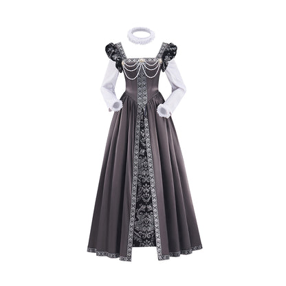 Medieval Court Style Grey Satin Gown with White Contrast Trim for Historical Reenactments Theatrical Performances Halloween Christmas