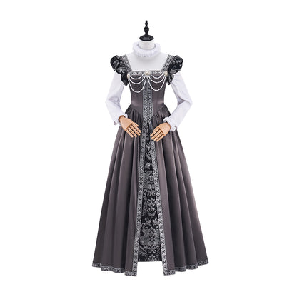 Medieval Court Style Grey Satin Gown with White Contrast Trim for Historical Reenactments Theatrical Performances Halloween Christmas
