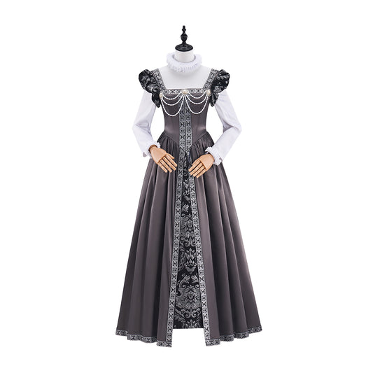 Medieval Court Style Grey Satin Gown with White Contrast Trim for Historical Reenactments Theatrical Performances Halloween Christmas