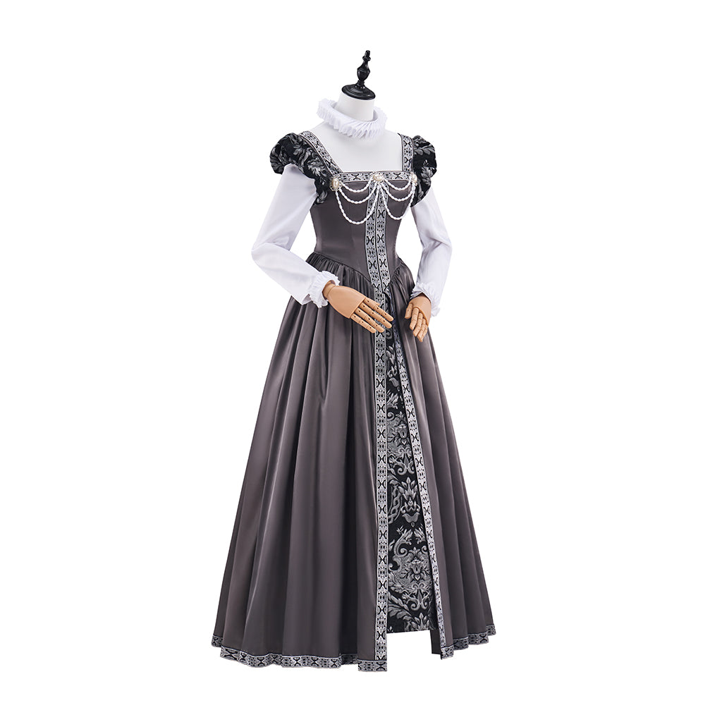 Medieval Court Style Grey Satin Gown with White Contrast Trim for Historical Reenactments Theatrical Performances Halloween Christmas