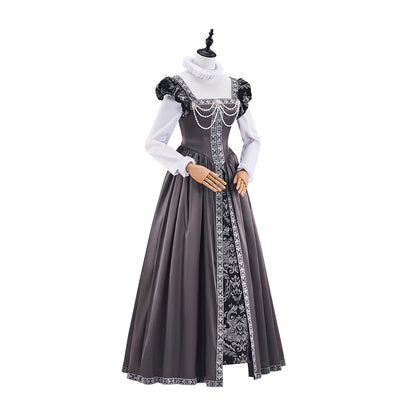 Medieval Court Style Grey Satin Gown with White Contrast Trim for Historical Reenactments Theatrical Performances Halloween Christmas