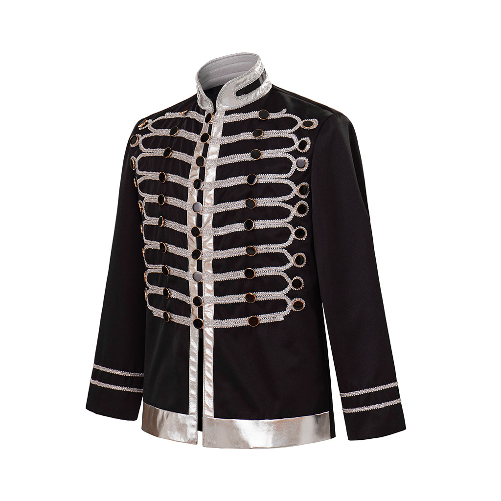 Medieval Military Style Black Jacket with Silver Embroidered Trim for Historical Reenactments Cosplay Events Halloween Christmas
