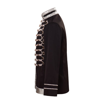 Medieval Military Style Black Jacket with Silver Embroidered Trim for Historical Reenactments Cosplay Events Halloween Christmas