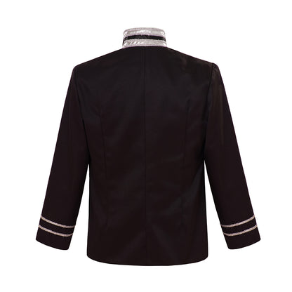 Medieval Military Style Black Jacket with Silver Embroidered Trim for Historical Reenactments Cosplay Events Halloween Christmas