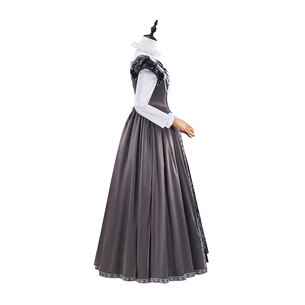 Medieval Court Style Grey Satin Gown with White Contrast Trim for Historical Reenactments Theatrical Performances Halloween Christmas