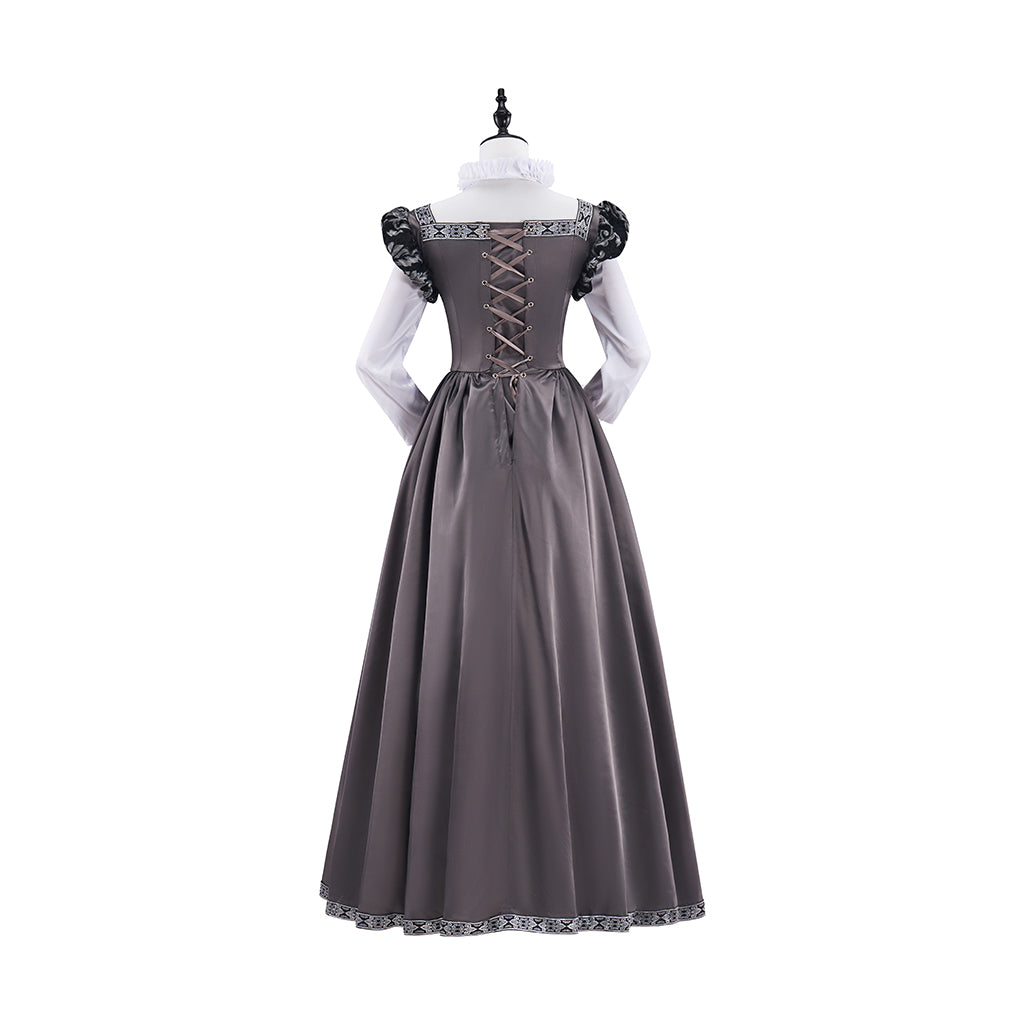 Medieval Court Style Grey Satin Gown with White Contrast Trim for Historical Reenactments Theatrical Performances Halloween Christmas