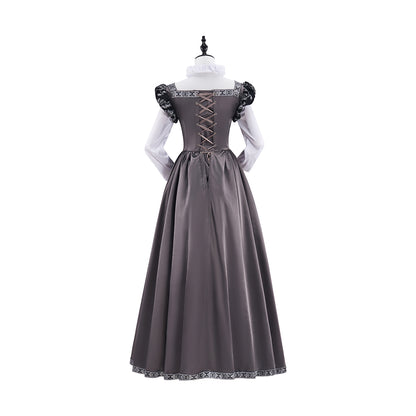 Medieval Court Style Grey Satin Gown with White Contrast Trim for Historical Reenactments Theatrical Performances Halloween Christmas