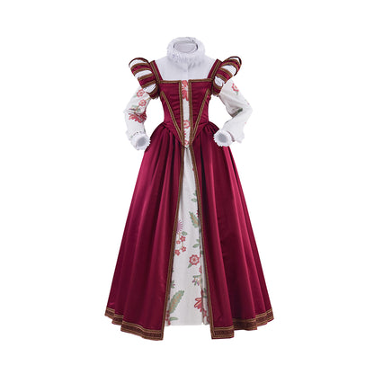 Tudor Burgundy Satin Gown with Lace Trimmed Neckline Lace Cuffed Sleeves for Victorian Themed Events Halloween and Christmas