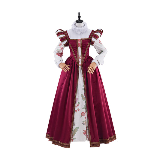 Tudor Burgundy Satin Gown with Lace Trimmed Neckline Lace Cuffed Sleeves for Victorian Themed Events Halloween and Christmas